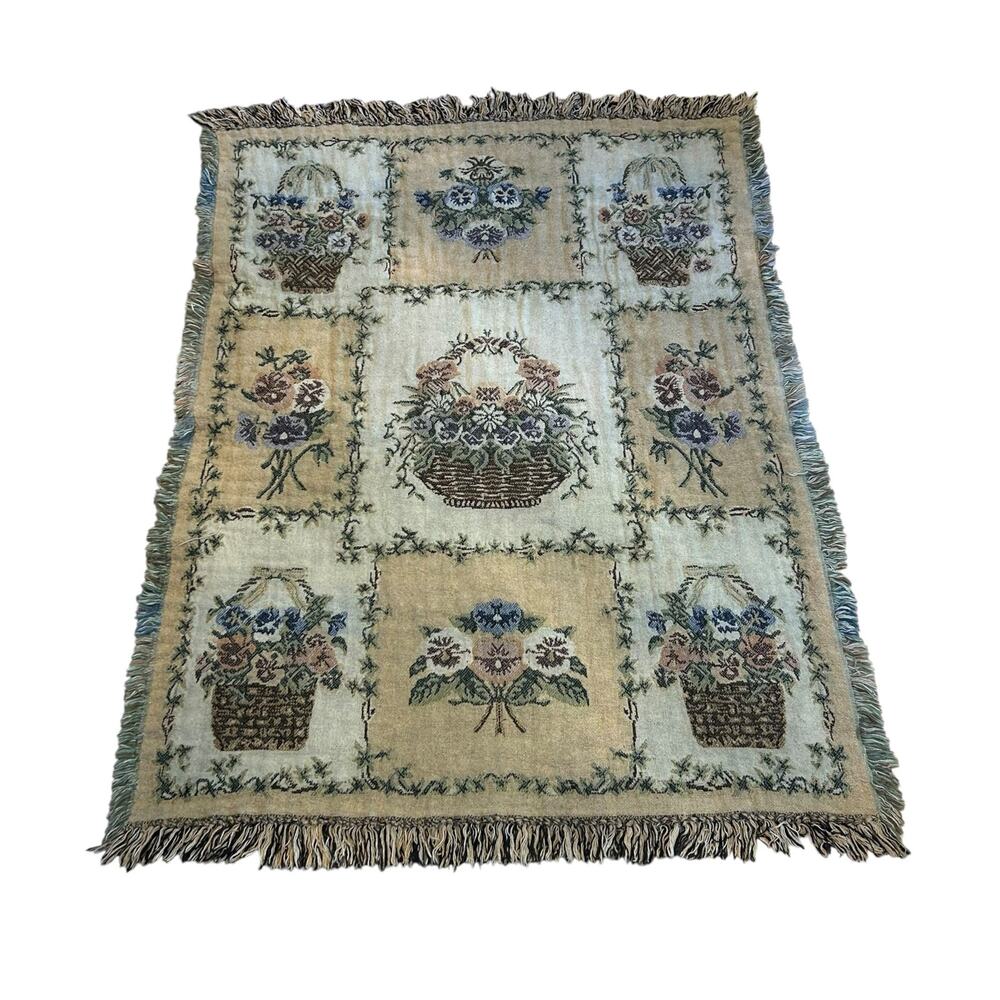 Vintage Reversible 100% Cotton Green Tan Floral Tapestry Blanket 40x52